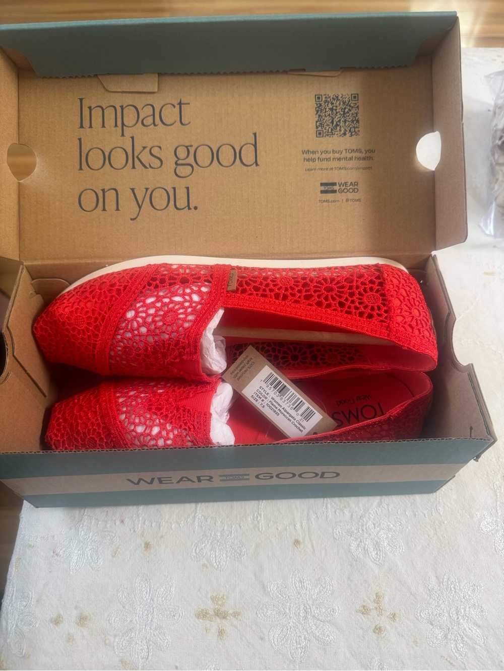 TOMS Red Crochet Slip-On Flats